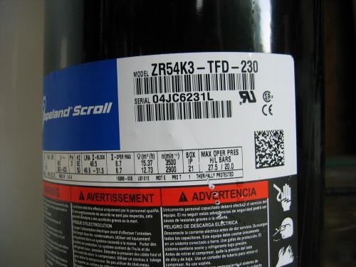 Copeland scroll compressor ZR54K3-tfd-230 54000 btu