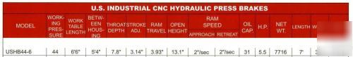 Used u.s. industrial hydraulic press brake, 44 ton x 6'