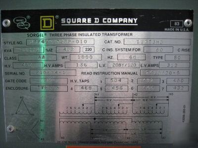 Square d transformer 112.5 kva 112T3HB 480/208/120 v