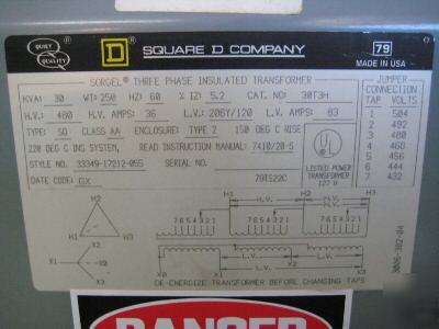 Square d transformer 30 kva 30KVA 30T3H 480/208/120 v