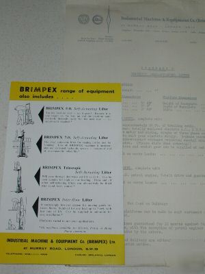 Brimpex hydraulic stackers - specifications etc, 1950's