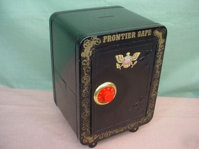 Vintage frontier toy combination safe bank - metal tin