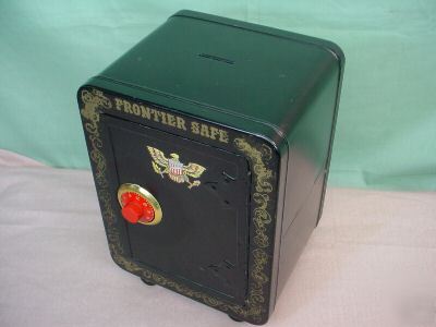 Vintage frontier toy combination safe bank - metal tin