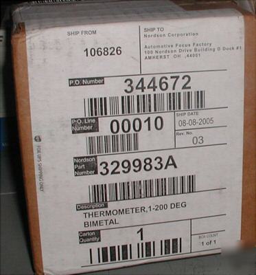 New nordson bimetal thermometer 1-200 deg. 329983A * *