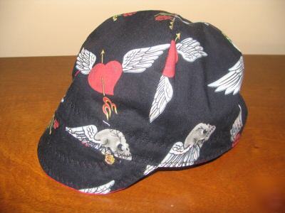 Welding cap size 7 3/8 or 23 inches skull, heart, sword