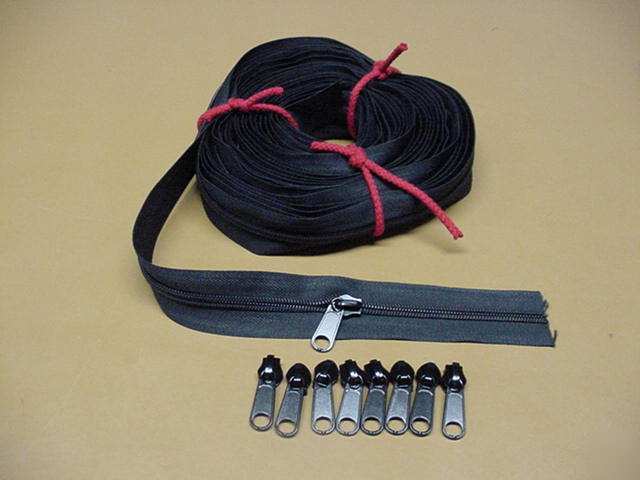New black heavy #8 coil sewing zipper 30 ft & 9 pulls 